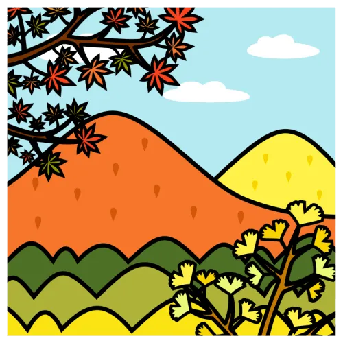紅葉した山の秋景色のかわいいイラスト素材 autumn mountain landscape illustration