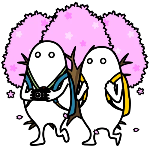 歩きながらお花見をする二人のかわいいイラスト素材 two people enjoying cherry blossom viewing illustration